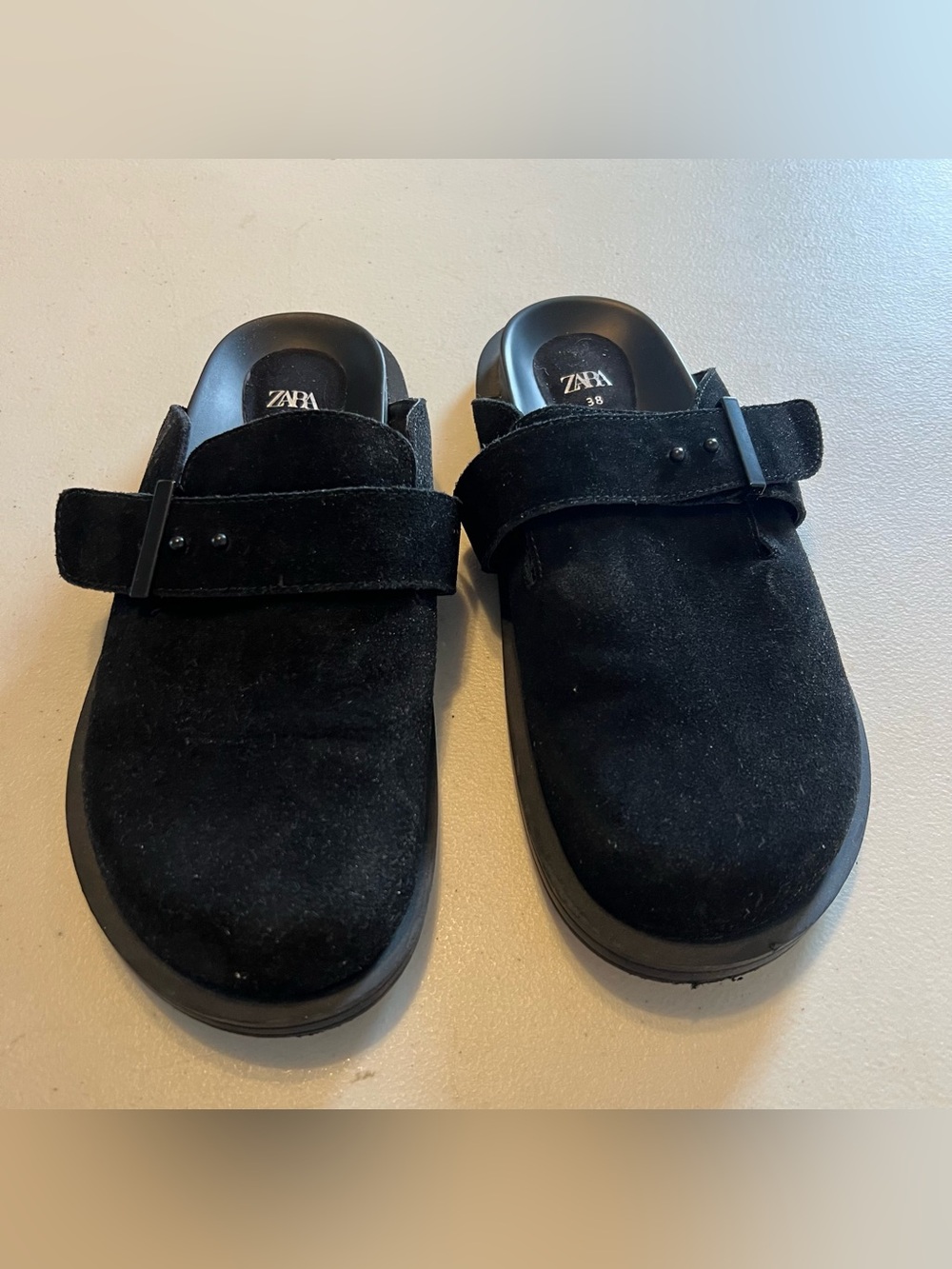 Zara Black Suede Slip-On Loafers with Buckle Strap
